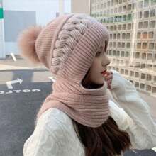 2024新款帽子围巾组合女冬季韩版保暖护耳女士针织帽围巾套装时尚个性 - 毛線圍巾一體帽 - 查看 16