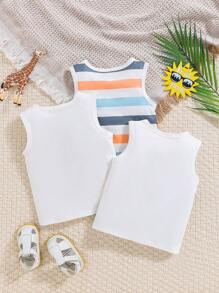 寶寶男孩春季無袖三件套裝，可愛動物印花 - 白色 - 查看 2