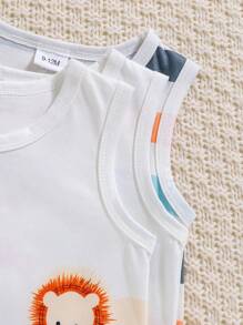 寶寶男孩春季無袖三件套裝，可愛動物印花 - 白色 - 查看 6