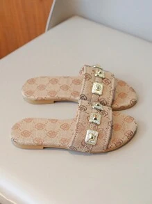 Girls' Flower Printed Rhinestone Slippers, Fashionable And Elegant, Slip-On Design For Easy Wearing, Perfect For Summer Indoor And Outdoor Parties, Asymmetric Pattern
