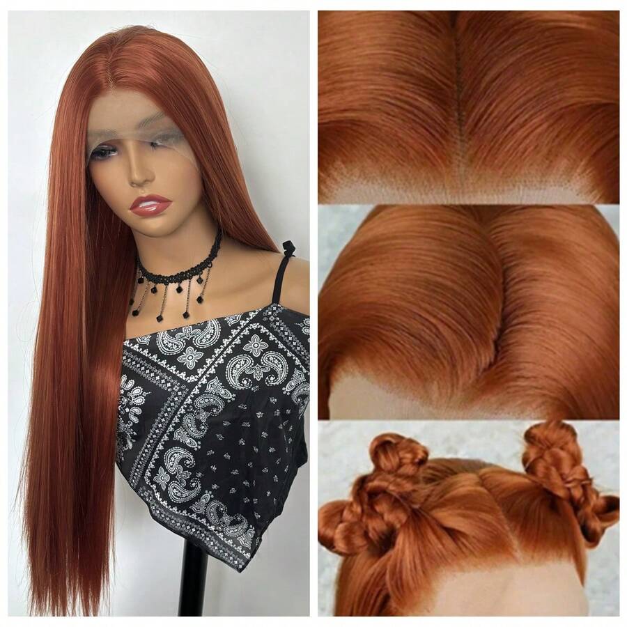 13*3.5 26 Inch Ren Mặt Trước Bộ Tóc Giả Gừng Màu Cam Tóc Dài Thẳng Tổng Hợp Phối Ren Phía Trước Tóc Giả Dành Cho Phụ Nữ hàng Ngày Và Cosplay Sử Dụng