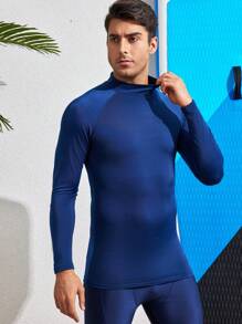 男友风格男士高弹力速干平滑压缩泳衣衬衫、冲浪防晒衣、皮划艇上衣 - 寶藍色 - 查看 4