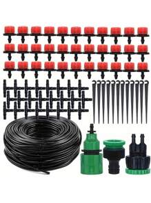 Sistema de riego por goteo para jardinería, set de regadores de micronebulización de dos salidas en color rojo, riego automático ajustable para macetas y herramientas de jardinería