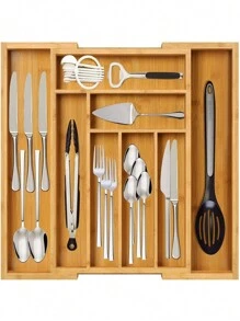 1 Hộp sắp xếp ngăn kéo bằng tre có thể điều chỉnh, Hộp sắp xếp bộ chia dao và nĩa có thể thu vào, Hộp lưu trữ bộ đồ ăn loại ngăn kéo, Cho đồ dùng và đồ dùng bằng bạc - Khay dao kéo có thể mở rộng cho nhà bếp, phòng ngủ và phòng khách - Màu vàng - Xem 3