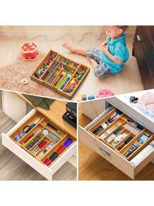1 Hộp sắp xếp ngăn kéo bằng tre có thể điều chỉnh, Hộp sắp xếp bộ chia dao và nĩa có thể thu vào, Hộp lưu trữ bộ đồ ăn loại ngăn kéo, Cho đồ dùng và đồ dùng bằng bạc - Khay dao kéo có thể mở rộng cho nhà bếp, phòng ngủ và phòng khách - Màu vàng - Xem 2