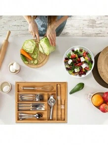 1 Hộp sắp xếp ngăn kéo bằng tre có thể điều chỉnh, Hộp sắp xếp bộ chia dao và nĩa có thể thu vào, Hộp lưu trữ bộ đồ ăn loại ngăn kéo, Cho đồ dùng và đồ dùng bằng bạc - Khay dao kéo có thể mở rộng cho nhà bếp, phòng ngủ và phòng khách - Màu vàng - Xem 7