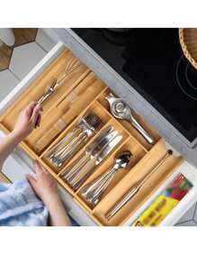 1 Hộp sắp xếp ngăn kéo bằng tre có thể điều chỉnh, Hộp sắp xếp bộ chia dao và nĩa có thể thu vào, Hộp lưu trữ bộ đồ ăn loại ngăn kéo, Cho đồ dùng và đồ dùng bằng bạc - Khay dao kéo có thể mở rộng cho nhà bếp, phòng ngủ và phòng khách - Màu vàng - Xem 8