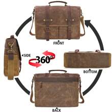 Mens Messenger Bag 15.6 Inch Waterproof Vintage Genuine Leather Waxed Canvas Briefcase Large Leather Computer Laptop Bag Rugged Satchel Shoulder Bag - Màu nâu cà phê và thư mục - Xem 4