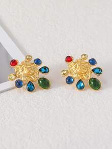 1個復古獅頭釦耳環，甜美與酷帥兼備，鑲嵌有色琉璃，古董風格，時尚設計耳環 - 金色 - 查看 1