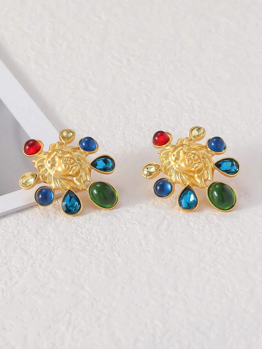 1個復古獅頭釦耳環，甜美與酷帥兼備，鑲嵌有色琉璃，古董風格，時尚設計耳環 - 金色 - 查看 1