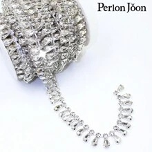Perlon Joon 1 Yard Kristall Kette mit Wassertropfen Blatt Dekor, Silber Glas Anhänger mit Strass Besatz, Accessoire für Brautkleid Hochzeit Dekoration - Silber - Übersicht 9