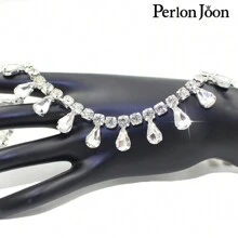 Perlon Joon 1 Yard Kristall Kette mit Wassertropfen Blatt Dekor, Silber Glas Anhänger mit Strass Besatz, Accessoire für Brautkleid Hochzeit Dekoration - Silber - Übersicht 8