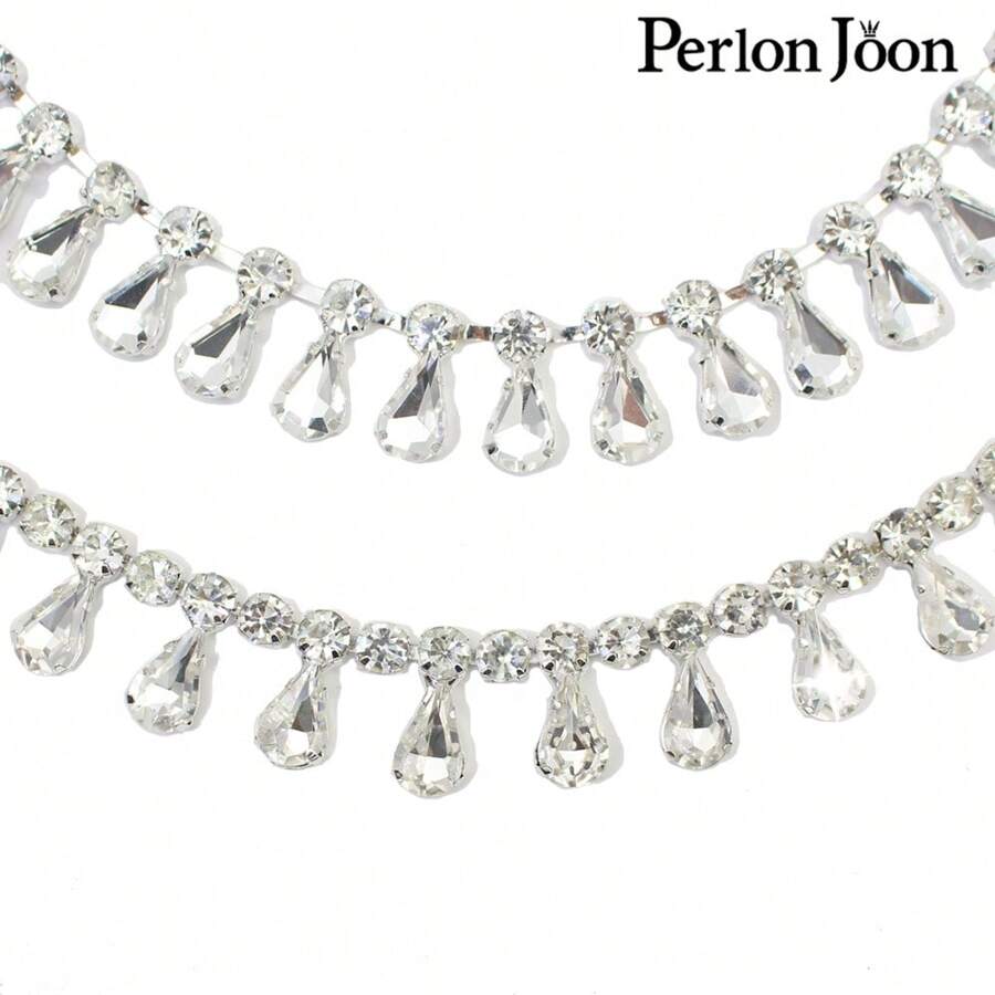 Perlon Joon 1 Yard Kristall Kette mit Wassertropfen Blatt Dekor, Silber Glas Anhänger mit Strass Besatz, Accessoire für Brautkleid Hochzeit Dekoration - Silber - Übersicht 1