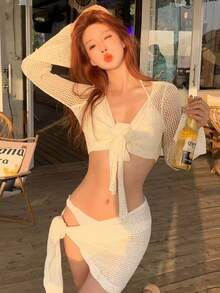 2023 New Female Knitted Four-Piece Bikini Set Summer - Apricot - View 5