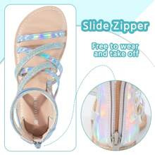 Festooning Girls Flat Sandals Princess Open Toe Strappy Sandals Zipper Gladiator Flats Sandal With Adjustable Strap Summer Flat Shoes - Silver - View 3