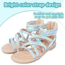 Festooning Girls Flat Sandals Princess Open Toe Strappy Sandals Zipper Gladiator Flats Sandal With Adjustable Strap Summer Flat Shoes - Silver - View 4