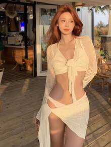 2023 New Female Knitted Four-Piece Bikini Set Summer - Apricot - View 4