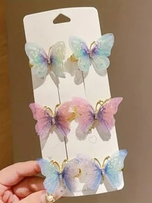6件組蝴蝶水鑽漸層色髮夾，女童髮飾套裝 - 彩色 - 查看 6