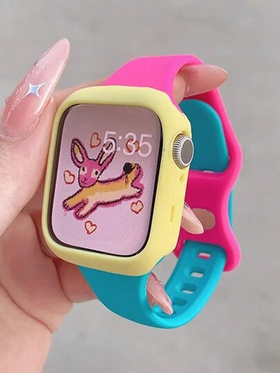 2 piezas Correa de reloj de silicona con diseño de abeja en bloques de color, cómoda y ajustable, resistente al agua, emparejada con una carcasa protectora de silicona hueca, compatible con Apple Watch Series Ultra/SE/11/10/9/8/7/6/5/4/3/2/1, tamaño 38/40/41/42/44/45/46/49mm