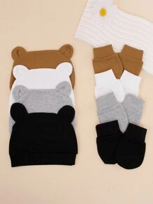 4sets Baby Hats And Mittens Infant Beanie Gloves NoScratch Set Newborn Hospital Hat For Boys Girls - Multicolor - View 5