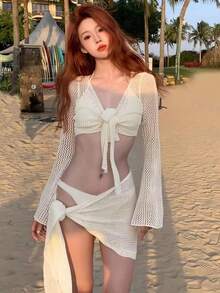 2023 New Female Knitted Four-Piece Bikini Set Summer - Apricot - View 2