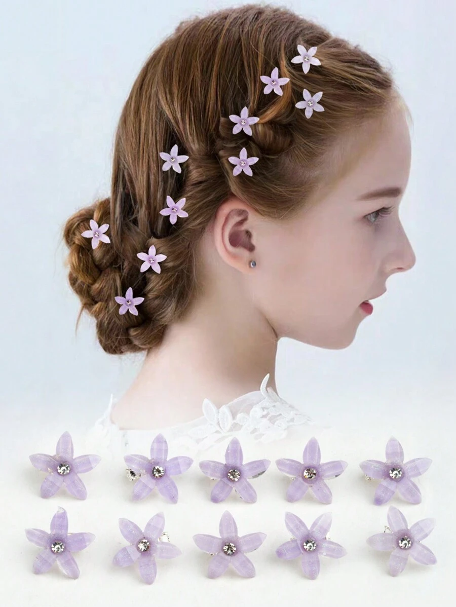 10pcs Girls' Purple Rhinestone Flower Hair Clips, Mini Lilac Flower Headbands For Daily Life Or Wedding Season Flower Girls - Purple - View 1