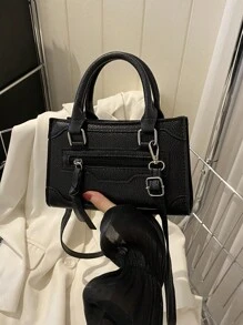 2026 New Solid Color PU Patchwork Zipper Handbag, Simple Fashion Personalized Small Square Bag, Versatile Shoulder Crossbody Bag With Adjustable Strap - Black - View 7