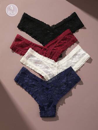 4/PCS Women's Sexy Hollow Out Small Flower Thong With Lace Cross Strap Sexy Thong Lingerie