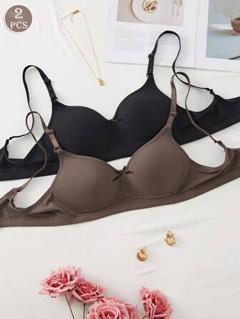2PCS Lady's Comfortable Wireless Soft Cup Solid Bra, Lingerie