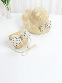 2入組女孩帽子和包套裝，包括可愛的公主波點草帽和公主包，適合日常穿著、夏日出行和海灘，防曬 - 點點蝴蝶結 - 查看 11