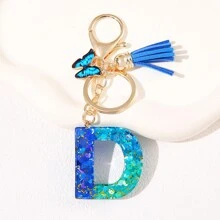 1pc Blauw Informeel Dames Schattig Kwastje Vlinderhanger Sleutelhanger Gradiënt Pailletten Letter Sleutelhangerhanger met glitter, Eerste detail - Geschikt als cadeau voor vrienden