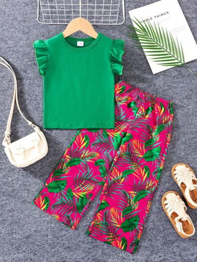 Conjunto informal de dos piezas para niña con blusa de manga corta de unicolor y pantalones estampados con plantas tropicales para el verano