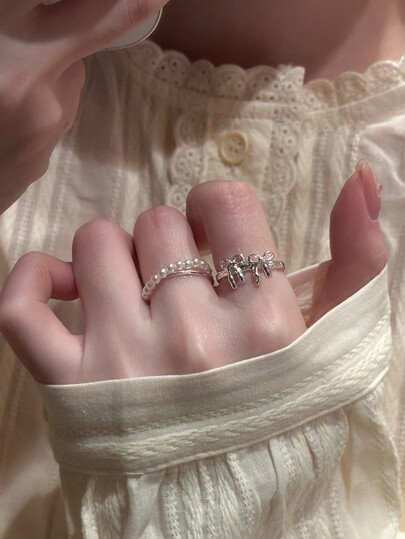 2pcs Fashionable Bow Decoration Ring Set Suitable For Daily Wear, Women Valentines