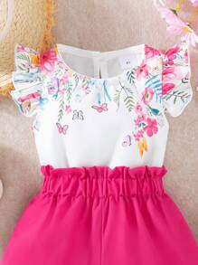Young Girl Floral Flutter Sleeve Top And Solid Color Shorts Summer Casual Outfit