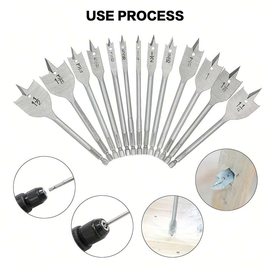 13 Piece Spade Drill Bit Sets,Paddle Flat Bit For Hole Cutte R Woodworking, 1/4" To 11/2