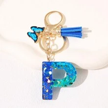 1pc Blauw Informeel Dames Schattig Kwastje Vlinderhanger Sleutelhanger Gradiënt Pailletten Letter Sleutelhangerhanger met glitter, Eerste detail - Geschikt als cadeau voor vrienden