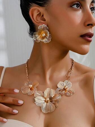 3pcs Fashionable Floral Pendant Necklace & Earrings Set For Women, Elegant & Charming, Ideal Gift For Party