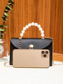 Women's Fashionable Simple Faux Pearl Magnetic Clasp Chain Handbag Shoulder Bag - Black - View 4