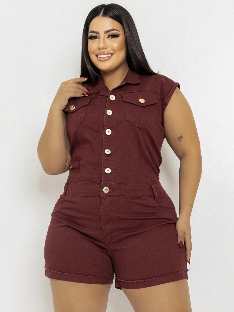 Plus Size Denim Overalls - Màu Đỏ Sâu - Xem 1