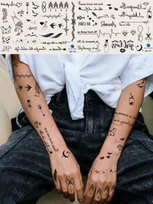 STARTTOOS 2入組黑線藝術文字、羽毛、蝴蝶、心跳和小設計指甲貼紋，手指、手腕、耳朵、鎖骨、身體適用 - 黑色 - 查看 2