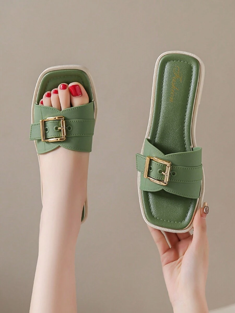 优雅女士凉鞋，时尚简约休闲搭扣设计，绿色软底舒适露趾凉鞋，女士夏季平底凉鞋，户外度假凉鞋，新款女士拖鞋