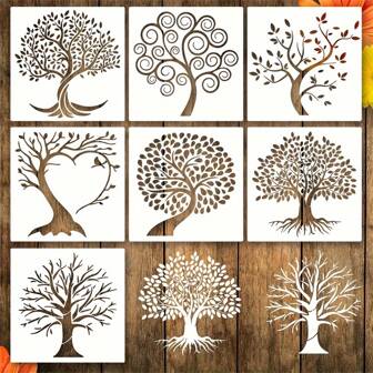 7pcs Tree Stencils Tree Stencil For Painting Reusable Plastic Template, On Wood Airbrush Natural Plants Small Palm Tree Drawing Templates For Canvas Wall Floor Decor DIY Art Crafts And Decorations,Back To School,School Supplies