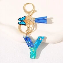 1pc Blauw Informeel Dames Schattig Kwastje Vlinderhanger Sleutelhanger Gradiënt Pailletten Letter Sleutelhangerhanger met glitter, Eerste detail - Geschikt als cadeau voor vrienden