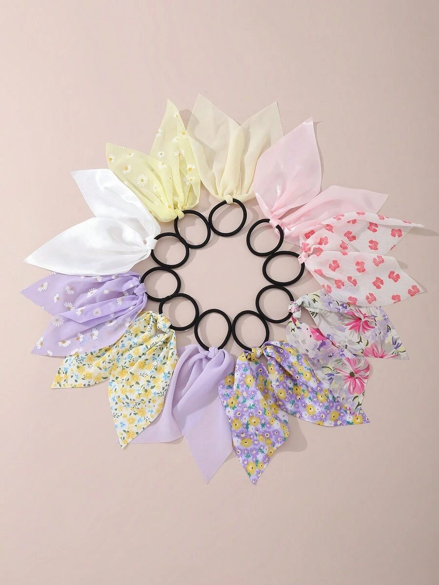 10 قطعة مطاط شعر بناتي مطبوع عليه زهور وشريط ، إكسسوارز ديكورية يومية