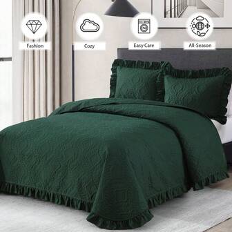 3 Pieces Machine Washable Quilt Bedding Sets, Beige/Sage Green/Olive Green  Ruffled Lightweight Soft Bedspreads Queen King Size Coverlet, Basket Weave Quilted Blanket Thin Quilt Bed Cover For All Season,