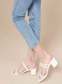 Strappy Heels For Women Block Low Heel Heeled Sandals Square Toe Slip On Slides