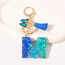 1pc Blauw Informeel Dames Schattig Kwastje Vlinderhanger Sleutelhanger Gradiënt Pailletten Letter Sleutelhangerhanger met glitter, Eerste detail - Geschikt als cadeau voor vrienden