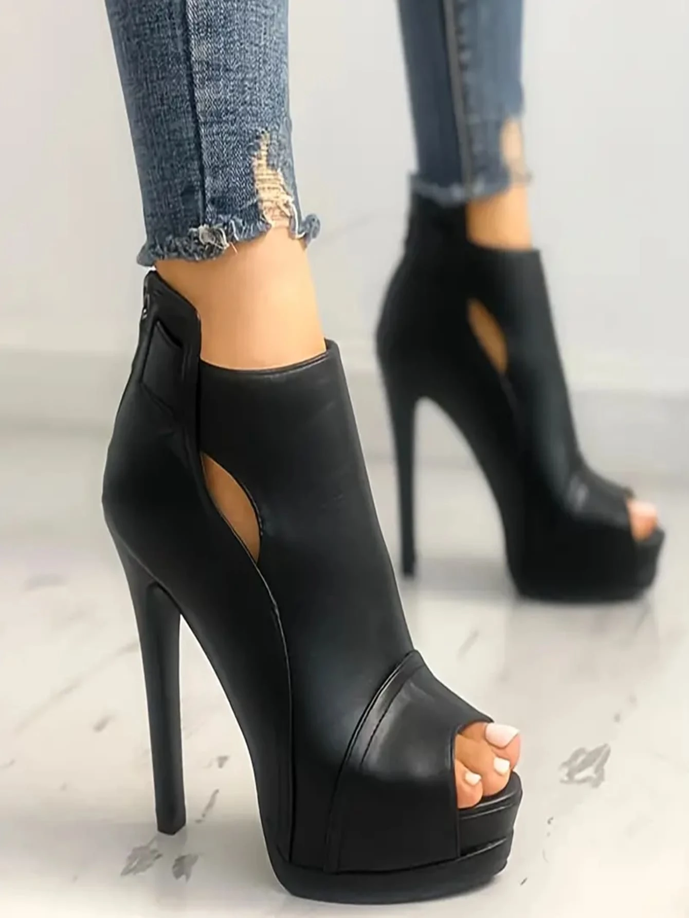 2024 Châu Âu Và Mỹ Mới Mùa Xuân/Mùa Thu Nữ Giày Sandal Cao Gót Mũi Tròn Peep-Toe Có Khóa Kéo Sau Lưng, giày Cao Gót Màu Hồng Rỗng Gợi Cảm - màu đen - Xem 1
