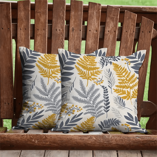 2 piezas de Fundas de cojín exteriores rústicas y sencillas de tela de sarga con diseño de hojas en azul, gris y amarillo, impermeables y decorativas, de 18x18 pulgadas para jardines, columpios, campamentos, terrazas y balcones