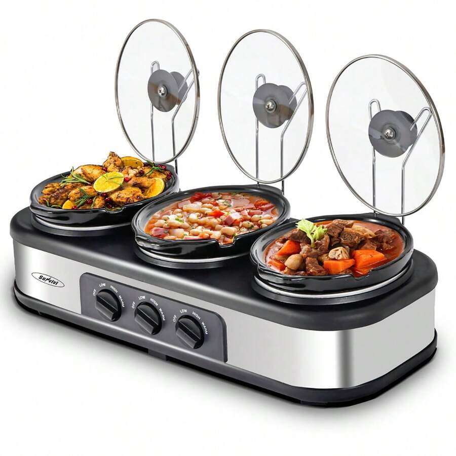 4.5 QT Electric Small Slow Cookers Portable Crock Pot 1.5 Quart Triple Slow Cooker For Buffet Kitchen - 銀色 - 查看 1